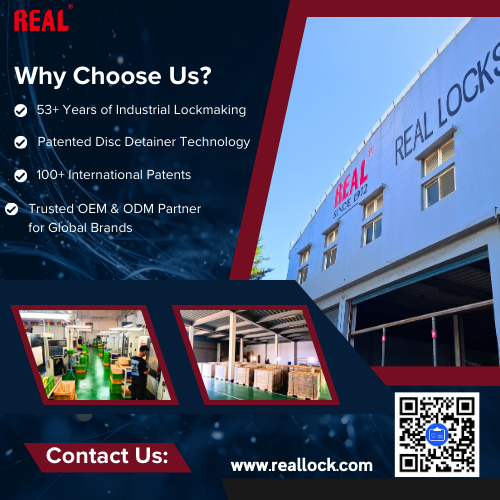REAL Locks & Security “Why Choose Us?” banner featuring the REAL factory building, manufacturing photos, and key strengths: 53+ years of industrial lockmaking, patented disc detainer technology, 100+ international patents, and OEM/ODM partnership